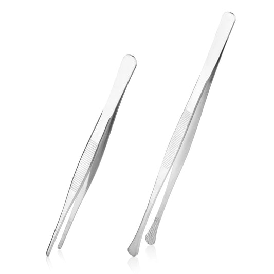 ASTER Cooking Tongs, 2 Pcs Stainless Steel Kitchen Tweezers, Long Food Tweezers for Cooking BBQ, Plating, Serving and Decoration, 8 and 12 Inch, Silver