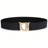 Azefnuhk Women Stretch Belt, Invisible Skinny Waist Belt, Black Non Slip Waists Belt, Adjustable with Gold Flat Buckle for Jeans Pants Dresses 1" Width