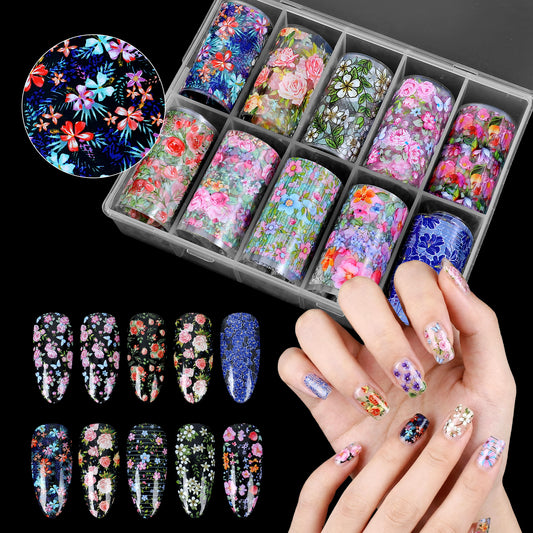 10 Rolls Floral Nail Foil Transfer Sheets Kit Floral Nail Transfer Foil for Nails Art Designs