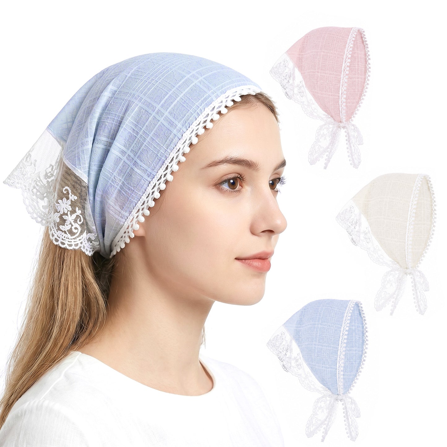 Dplolng 3 Pcs Lace Bandana Lace Head Scarf Elegant Vintage Head Bandana Headband for Women Girls(Pink,Blue and Beige)