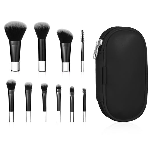 10 PCS Mini Travel Makeup Brush Set with Pouch, Black Portable Travel Makeup Brushes for Foundation Eyeshadow Powder Blush Contour & Concealer
