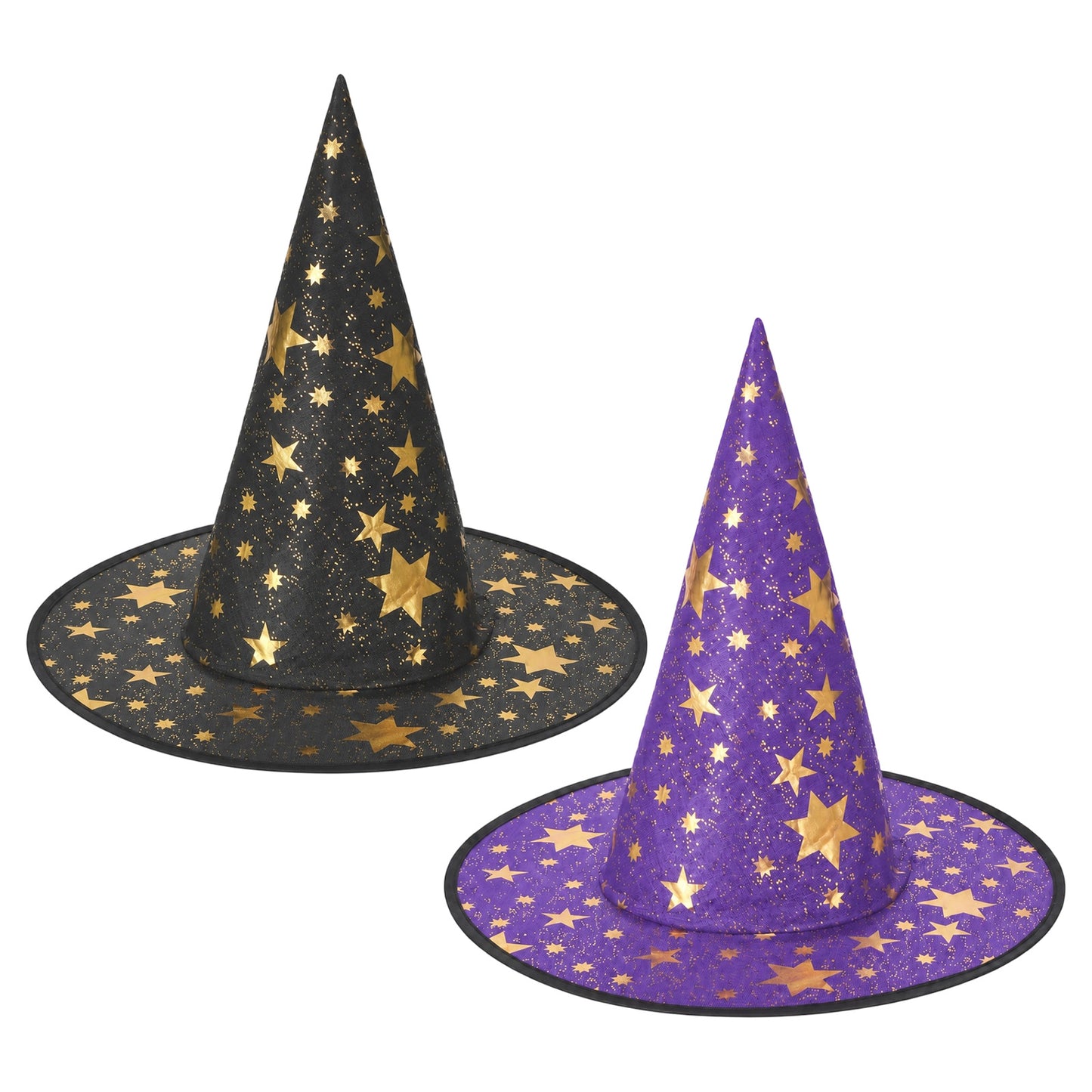 Macuezu 2 Pack Witch Hats for Halloween, Black and Purple Witches Hat for Women, Star Print Wizard Hats for Adults Indoor Outdoor Costume Party Decorations