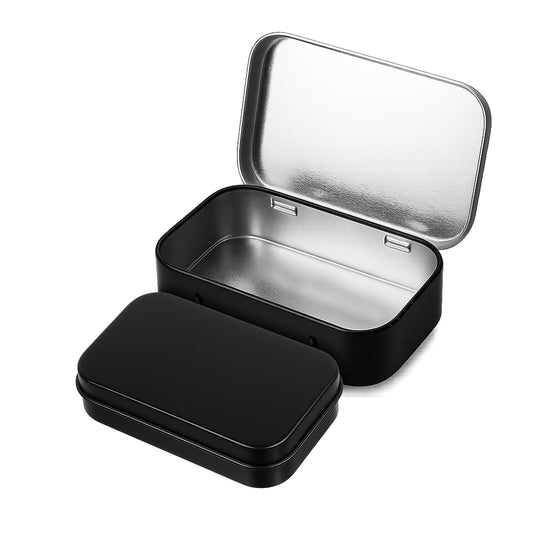 Aysatogc 2 Pack Metal Rectangular Empty Tin Box, Hinged Tins Tin Containers with Lid Mini Portable Small Storage Container Kit for Home Storage 3.74x2.36x0.82 Inch(Black)