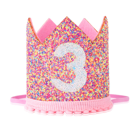 ASTER Baby Girls 3rd Birthday Hat Princess Girls 3 Years Birthday Crown, Adjustable 3rd Birthday Hat Baby Crown for Kids Baby Girls Third Birthday Party Pink