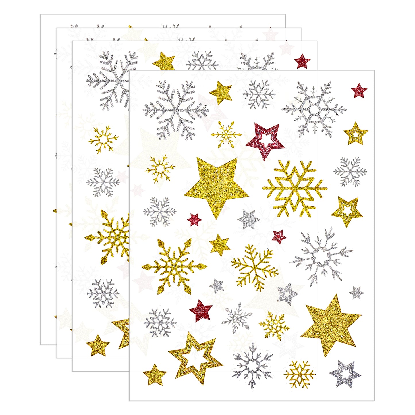 ZEYIYER 4 Sheets Christmas Stickers, Glitter Star Snowflake Stickers, Self-Adhesive Holiday Snow Flakes Decorating Decals for Gifts Envelopes Cards Christmas Wall Decoration