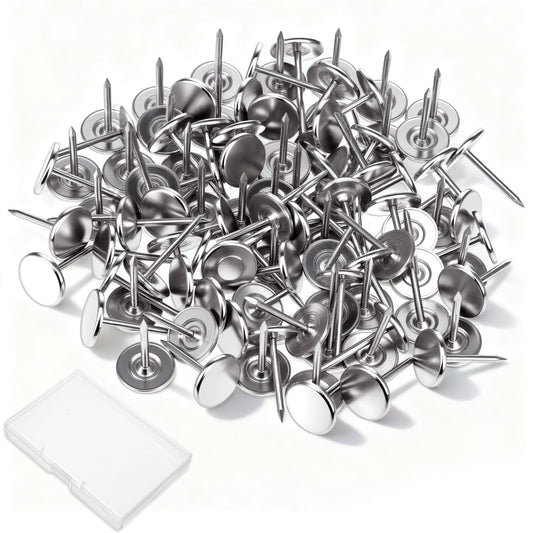 100 Pack Rust-Resistant Thumb Tacks, Decorative Upholstery Push Pins, Silver Flat Head Push Pins, Heavy Duty Pointed Steel Nails for Cork Boards Furniture, Sofa, Headboard, Wall Decoration, DIY Craft