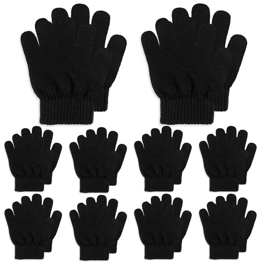 10 Pairs Kids Winter Gloves Full Fingers Knit Stretchy Warm Gloves Black Magic Glove Bulk for Boys Girls 5.9" 4-12 Yeras(Black)