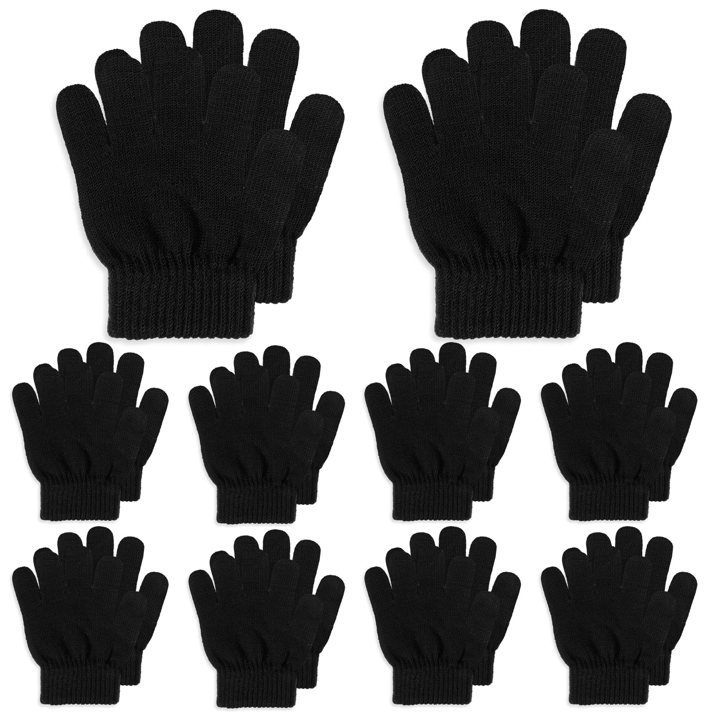 10 Pairs Kids Winter Gloves Full Fingers Knit Stretchy Warm Gloves Black Magic Glove Bulk for Boys Girls 5.9" 4-12 Yeras(Black)