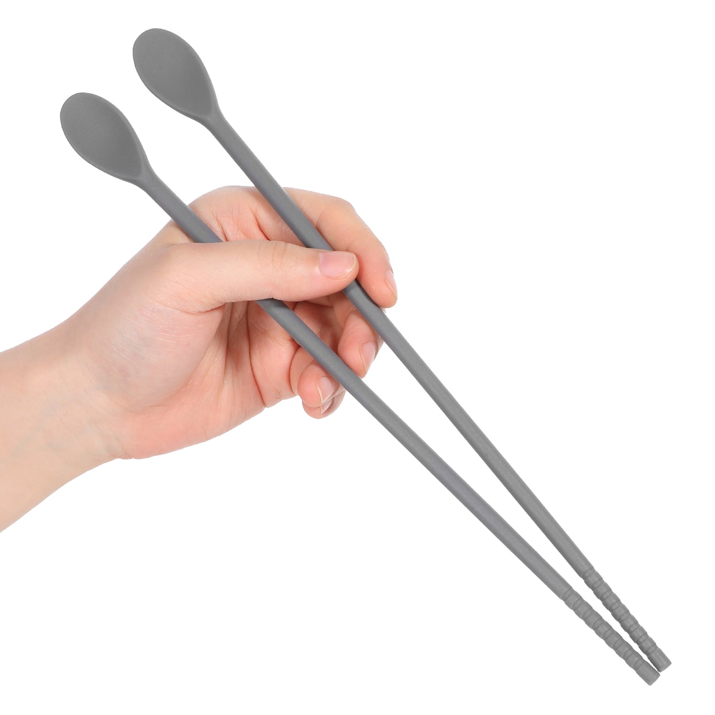 1 Pair Silicone Cooking Chopsticks with Spoon, Long 11 Inch Reusable Chopsticks for Cooking, Korea Kitchen Utensils, Heat Resistant, Non-Scratch, Gentle on Cookware, Grey