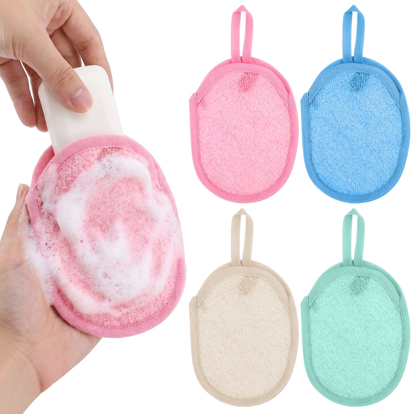 4Pcs Bath Body Exfoliating Soap Saver, Exfoliator Scrubber Pouch, Exfoliating Foaming Bags for Bar Soap, Hangable Shower Pouches for Body & Face Wash (Light Color)