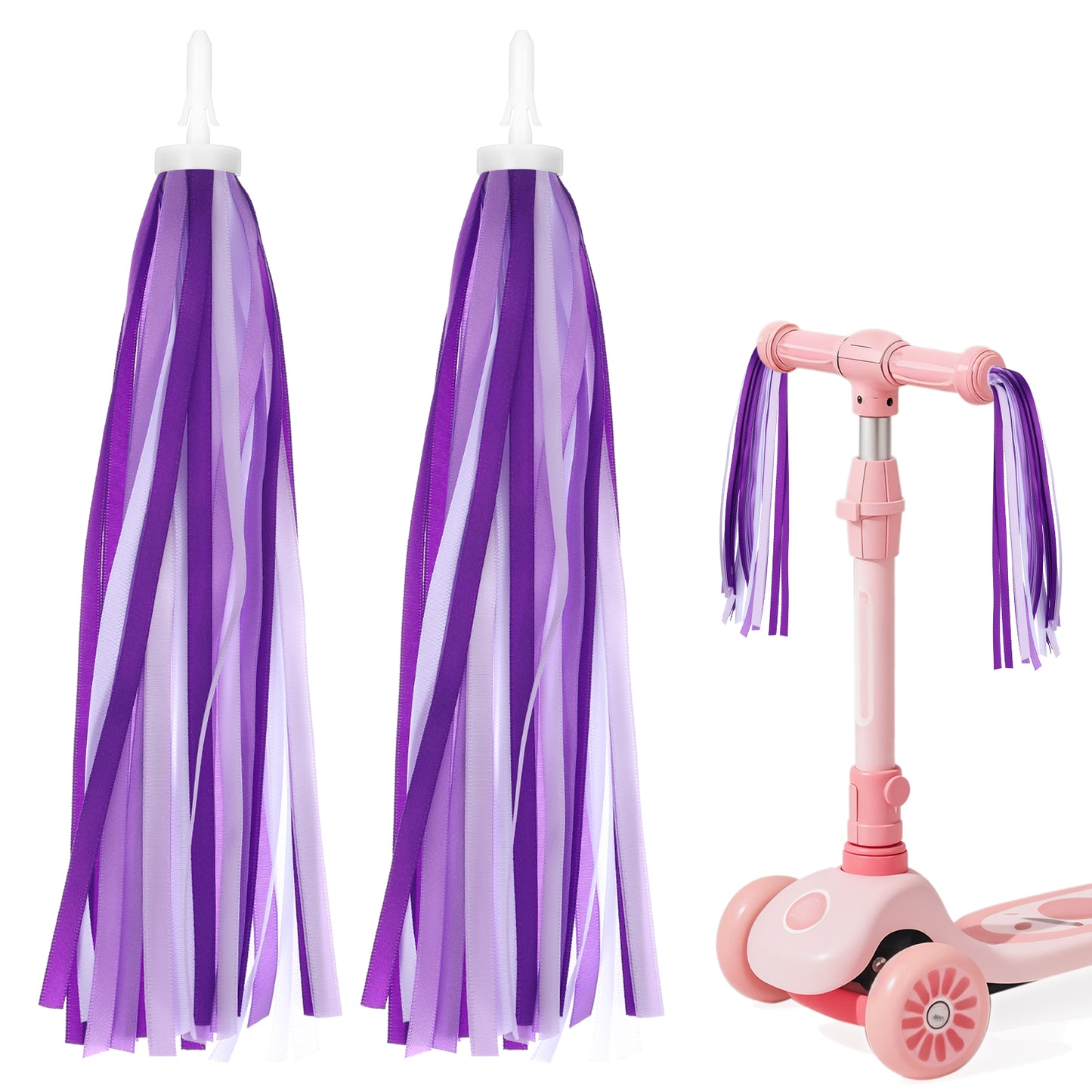 1 Pair Bike Streamers Bike Tassels for Kids, child Bikes Accessories Handle Bar Grips Accessories Scooter Bicycle for Boys and Girls(White Purple)