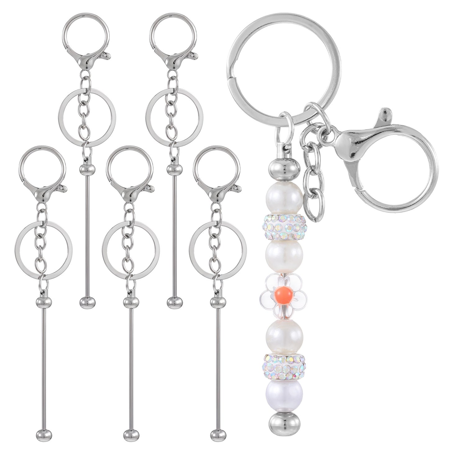 Aysatogc 6PCS Beadable Keychain Bars, Bulk Blank Beaded Metal Keychain Blank Bead Keychains Kit for DIY Beads Purse Keychains Crafts Supplies Gift for Women Man Jewelry Making Gift (Silver)