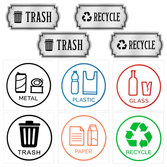 10 Pcs Trash and Recycle Stickers, Waterproof Recycles Stickers for Trash Bins, Trashes Recycle Sticker with Glass Paper Plastic Metal Signs for Waste Bins Indoor Outdoor Use