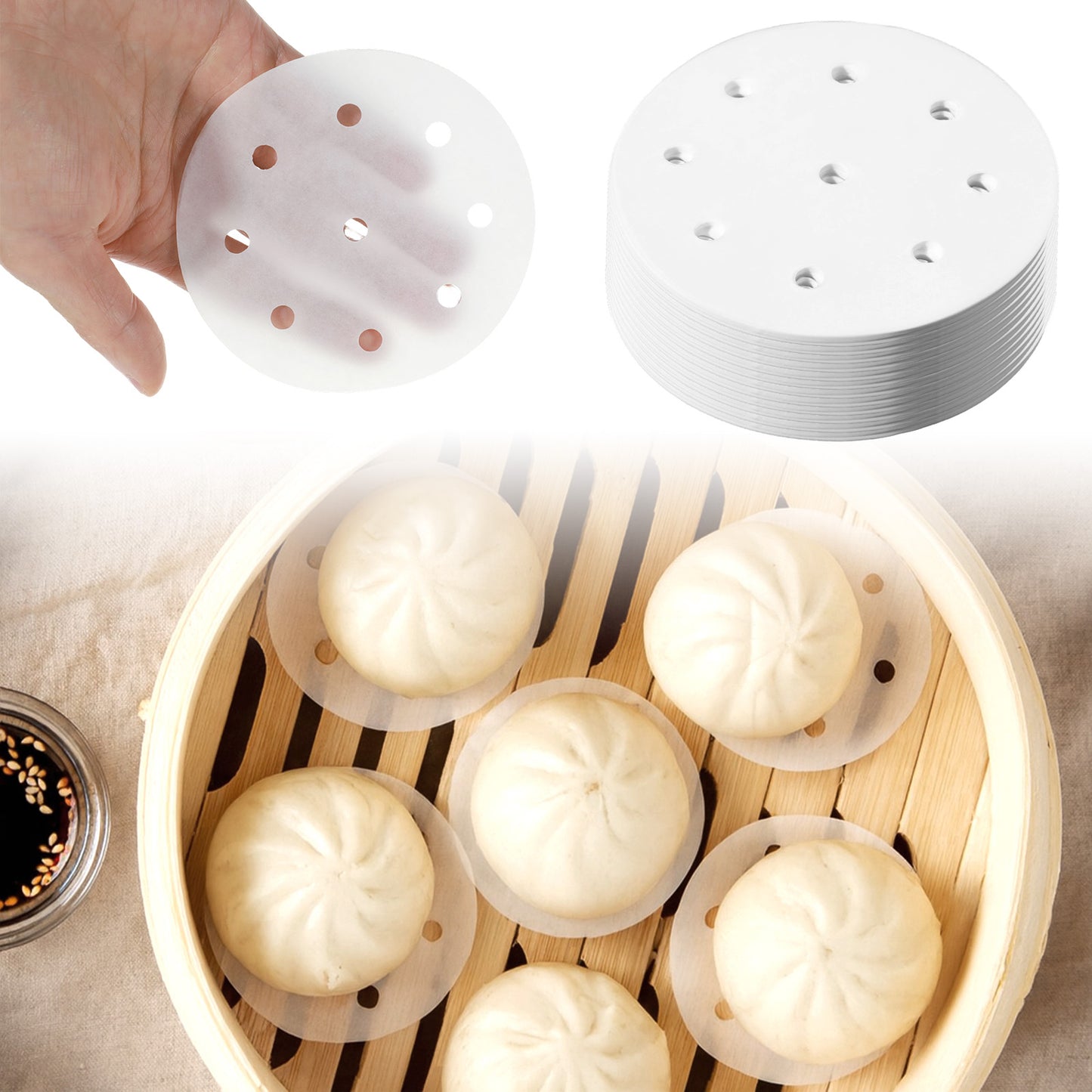 500PCS Small Bamboo Steamer Liners, 4 Inch Non-Stick Mini Steam Paper, Perforated Parchment Steaming Papers for Steaming Buns, Dumplings and Dim Sum