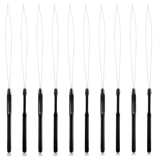 10 Pcs Hair Extension Loop Needle Threader, Hairs Extension Tools, Hair Pulling Through Hook Tool and Bead Device Tool for Hairs and Feather Extensions(8 Inch, Black)