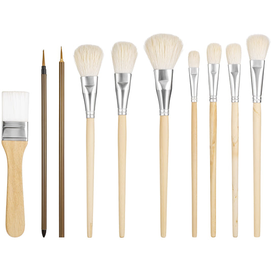 10 Pcs Pottery Glazing Brushes, Pottery Glaze Brushes Ceramic Brush Set - Goat Hair Mop & Blending Brush for Ceramics Acrylic Painting Clay - Essential Ceramics Tools and Supplies