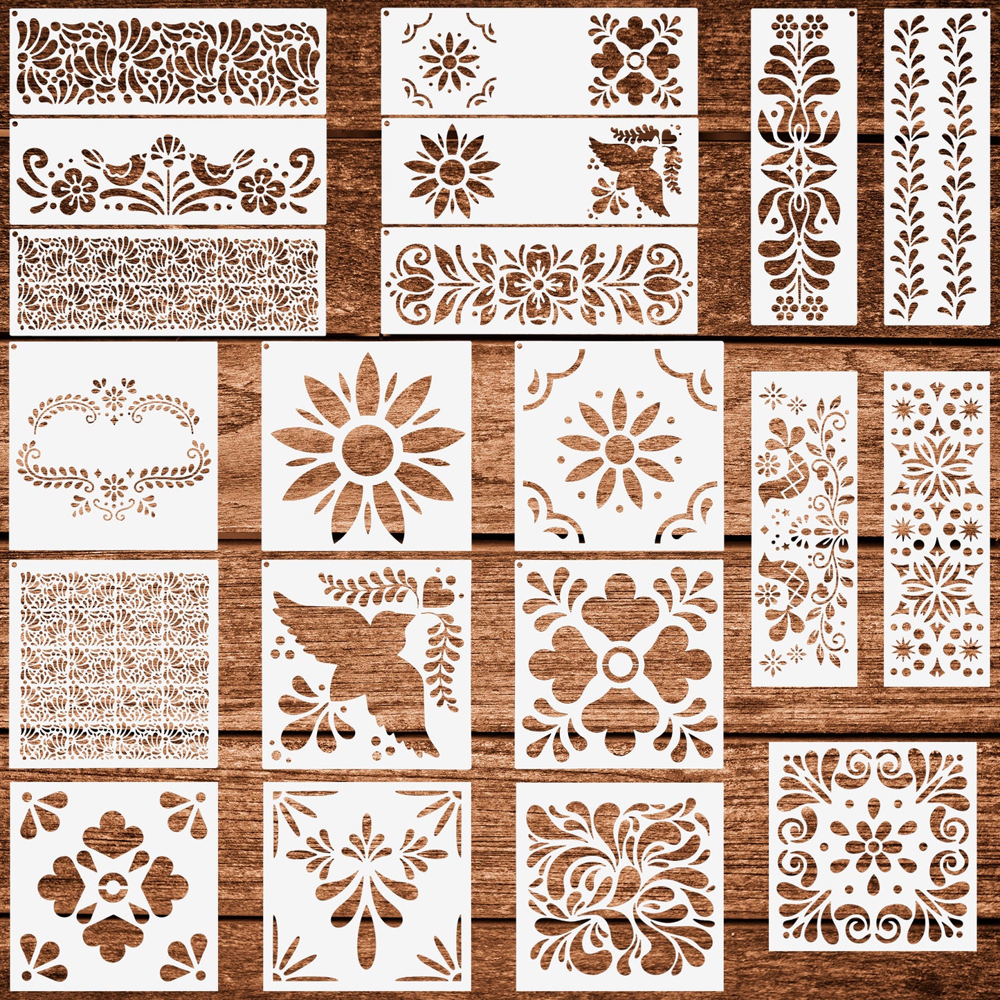 20 Pcs Talavera Stencils for Crafts, Resuable Cake Stencils,Mexican Floral Stencil for Furniture Wood Wall Canvas Floor, Border Stencil for Painting Fabric DIY Projects Christmas