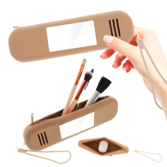 Upgrade Makeup Brush Holder Travel Silicone Makeup Brush Bag Make Up Brush Case with Mirror Makeup Bag Organizer with Zipper Small Makeup Pouch Cosmetic Travel Case for Daily Work, Brown