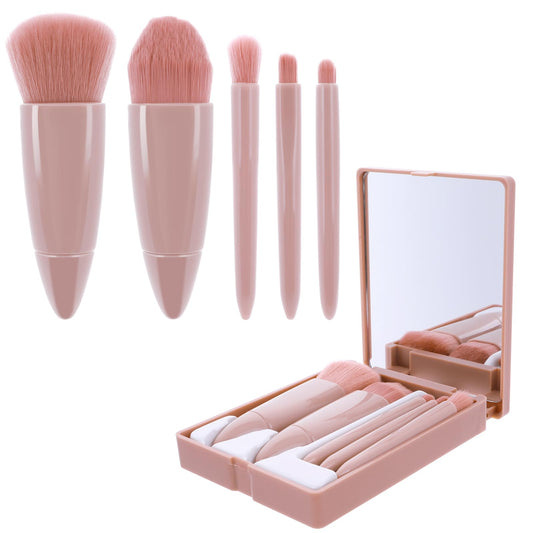 Travel Makeup Brush Set with Makeup Mirror, 5Pcs Portable Mini Makeup Brushes Soft Bristles Easy Pick up, Flesh Pink Small Compact Function Cosmetic Brushes Kit for Women, Girls Make up