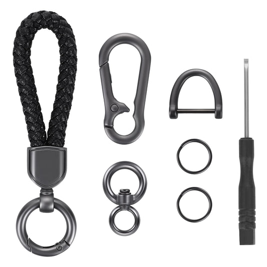 Universal Metal Car Keychain Accessories, Durable Black Car Key Fob Keychain with Car Key chain Clips, Detachable Keyring, Anti-Lost D-Ring, Car Keychain Hook and 1 Screwdriver for Men, Women