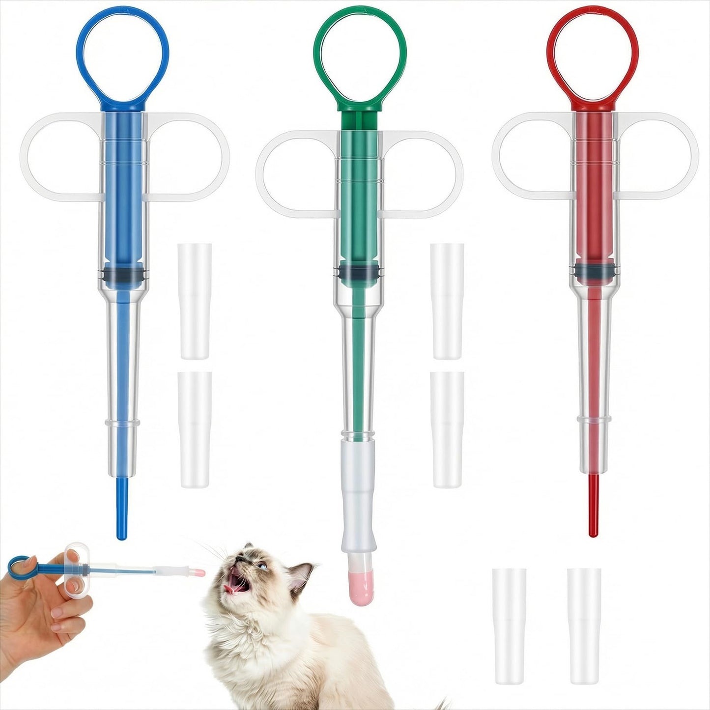 Grevosea Pack of 3 pill dispenser for cats, pill dispenser, cat flea tablets, pill assist, cat dogs, pet feeder for input aid, pill cat cat, red, green, blue