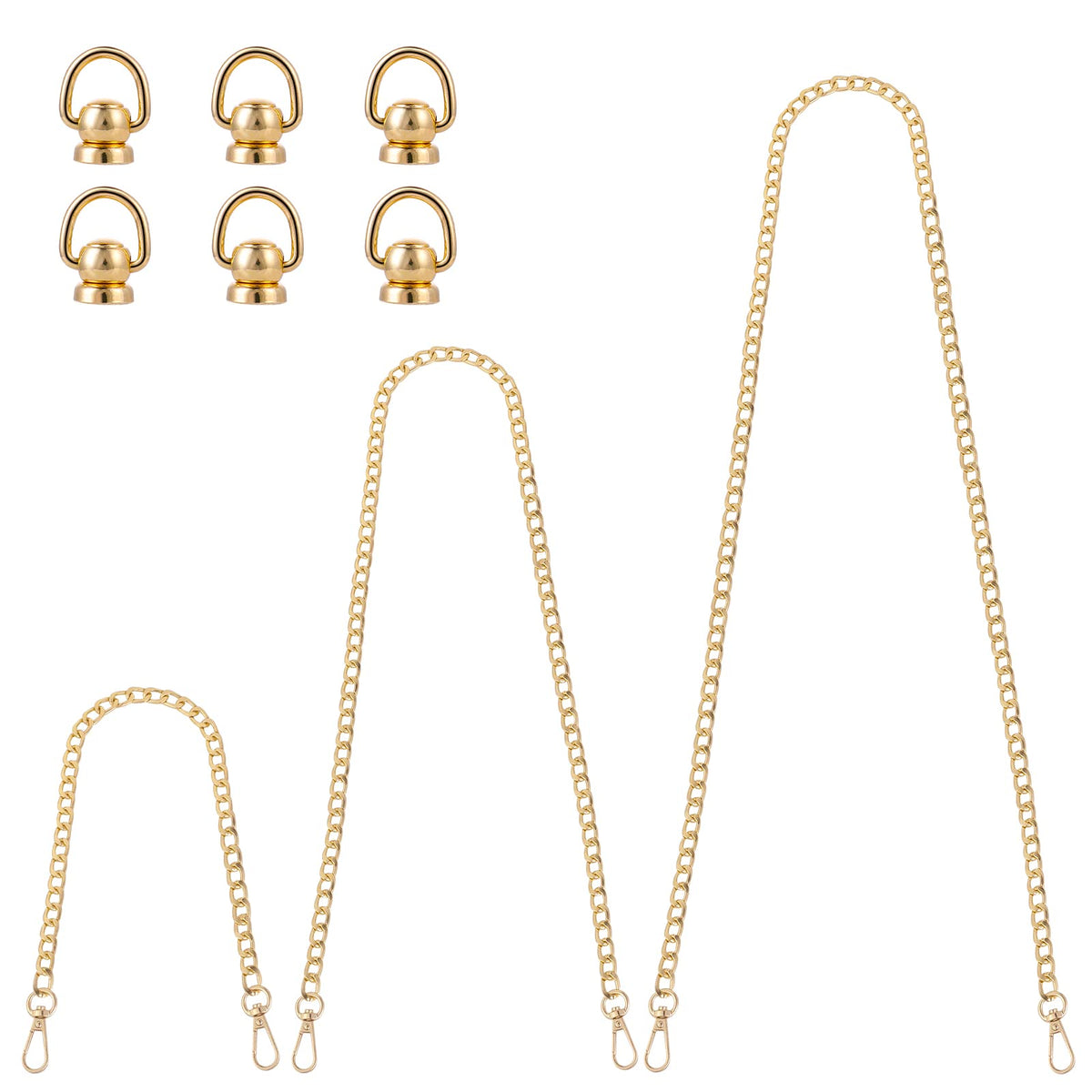 ASTER 3 Pieces Replacement Purse Chain and 6 Ball Studs Rivets D Ring, 40CM, 80CM, 120CM Flat Metal Chain Crossbody Chains Strap with Metal Buckles for DIY Handbags Strap(Gold)