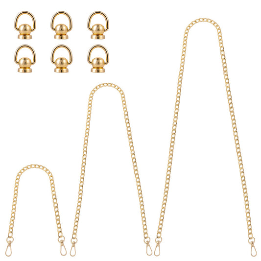 ASTER 3 Pieces Replacement Purse Chain and 6 Ball Studs Rivets D Ring, 40CM, 80CM, 120CM Flat Metal Chain Crossbody Chains Strap with Metal Buckles for DIY Handbags Strap(Gold)