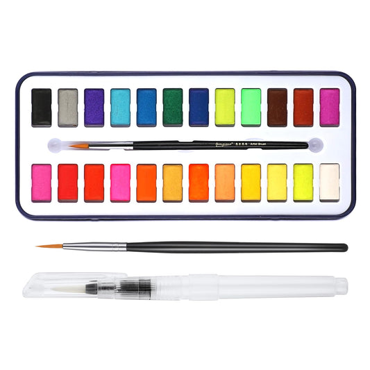Watercolor Paint Set 24 Vivid Colors Watercolor Paints with Water Brushes and Brushes Portable Travel Watercolor Paint Kit for Beginners Artists Painting Lovers