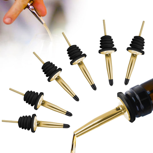 ASTER 6 Pieces Bottle Speed Pourers, Stainless Steel Liquor Pourers Bottle Dispenser with Cap for Wine Spirits Alcohol Olive Oil Syrup Bottles with Rubber Stopper(Gold)