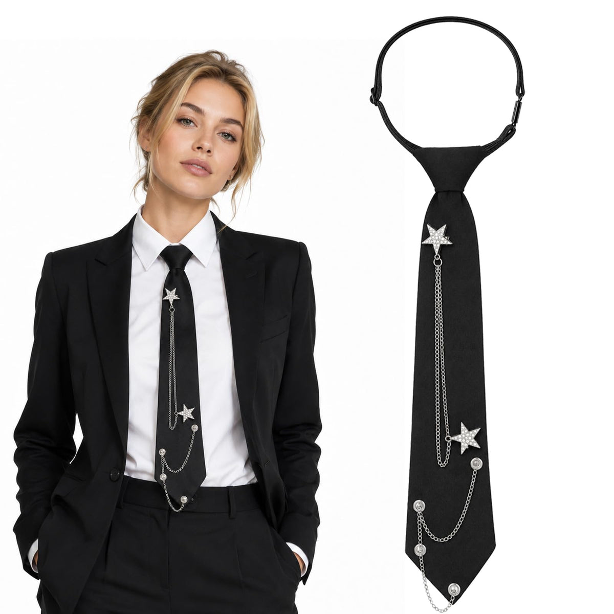 Macuezu Black Star Tie for Women Girls, Pre-Tied Adjustable Necktie