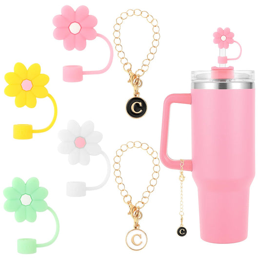 Aster 4Pcs Straw Cover for Stanley Cup 30&40 Oz, 10mm Silicone Flower Straw Topper Protector Lid with 2Pcs Personalized Initial ID/Name Letter Charm Tumblers Accessories for Stanley Cup(Letter C)