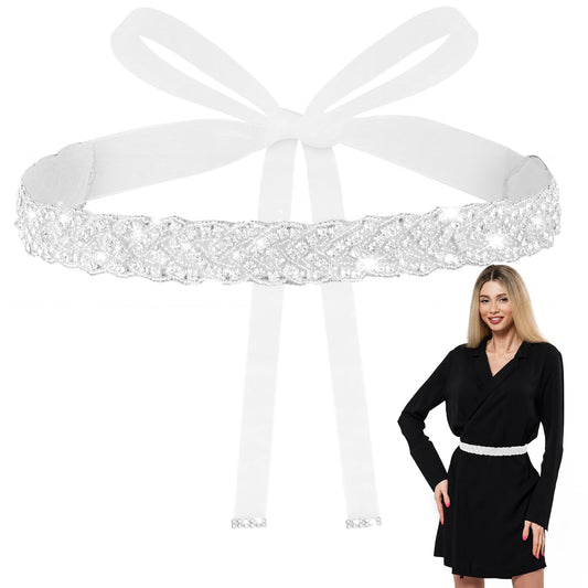 ASTER Bridal Rhinestone Belt for Women, Handcrafted Sparkly Rhinestone Belt for Formal Dress, Wedding Dress Belt Glitter Ribbon Belt for Jeans Dress(White)