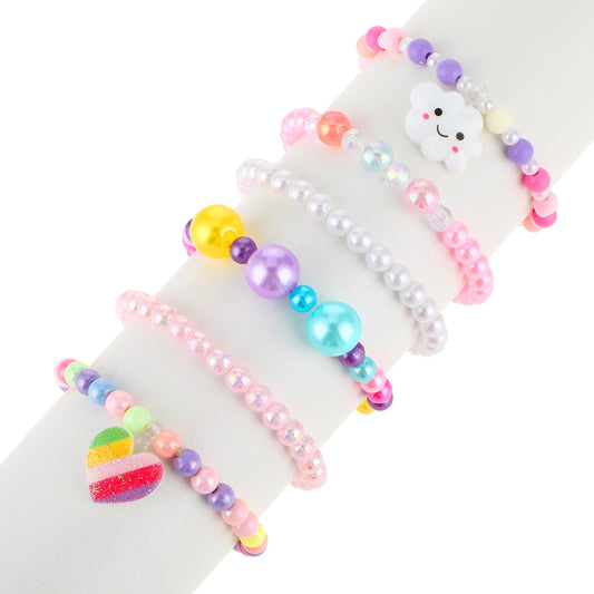 ASTER 6 Pcs Cute Kids Bracelets for Girls, Pink LOVE Clouds Beaded Bracelets for Kids, Adjustable Little Girls Toddler Bracelets, Fun Glittery Girly Colorful Smooth Bracelets for Birthday Party