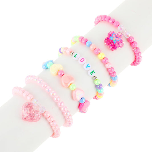 ASTER 6 Pcs Cute Kids Bracelets for Girls, Pink LOVE Butterfly Beaded Bracelets for Kids, Adjustable Little Girls Toddler Bracelets, Fun Glittery Girly Colorful Smooth Bracelets for Birthday Party