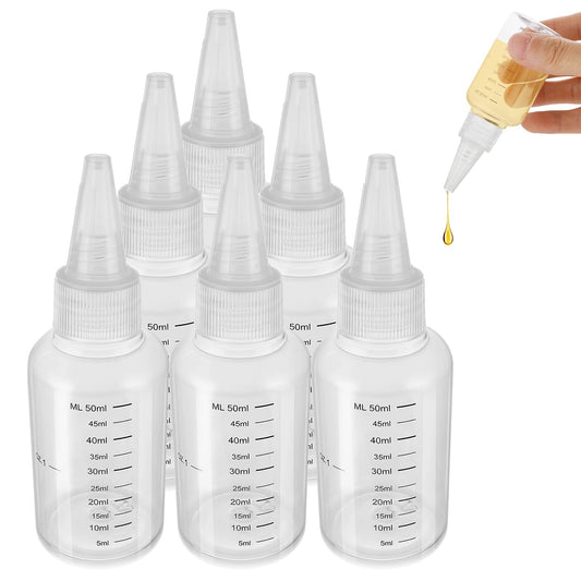 ASTER 6 Pack Hair Oil Applicator Bottle, 2 Ounce Refillable Hair Dye Bottle, Empty Plastic Oil Bottle for Hair with Ratio Graduated Scale, Opossum Hair Oil Applicator with Twist Top Cap