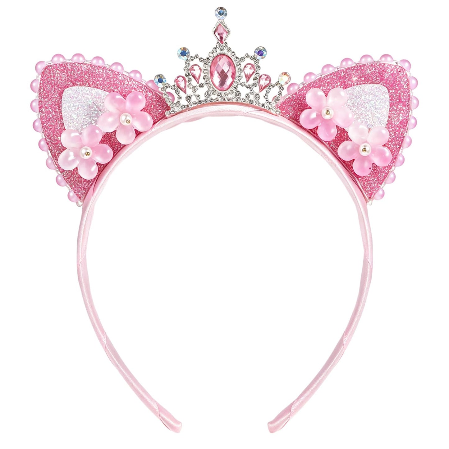 Auteonsa Rhinestone Cat Ears Headband, Pink Cat Ears for Women
