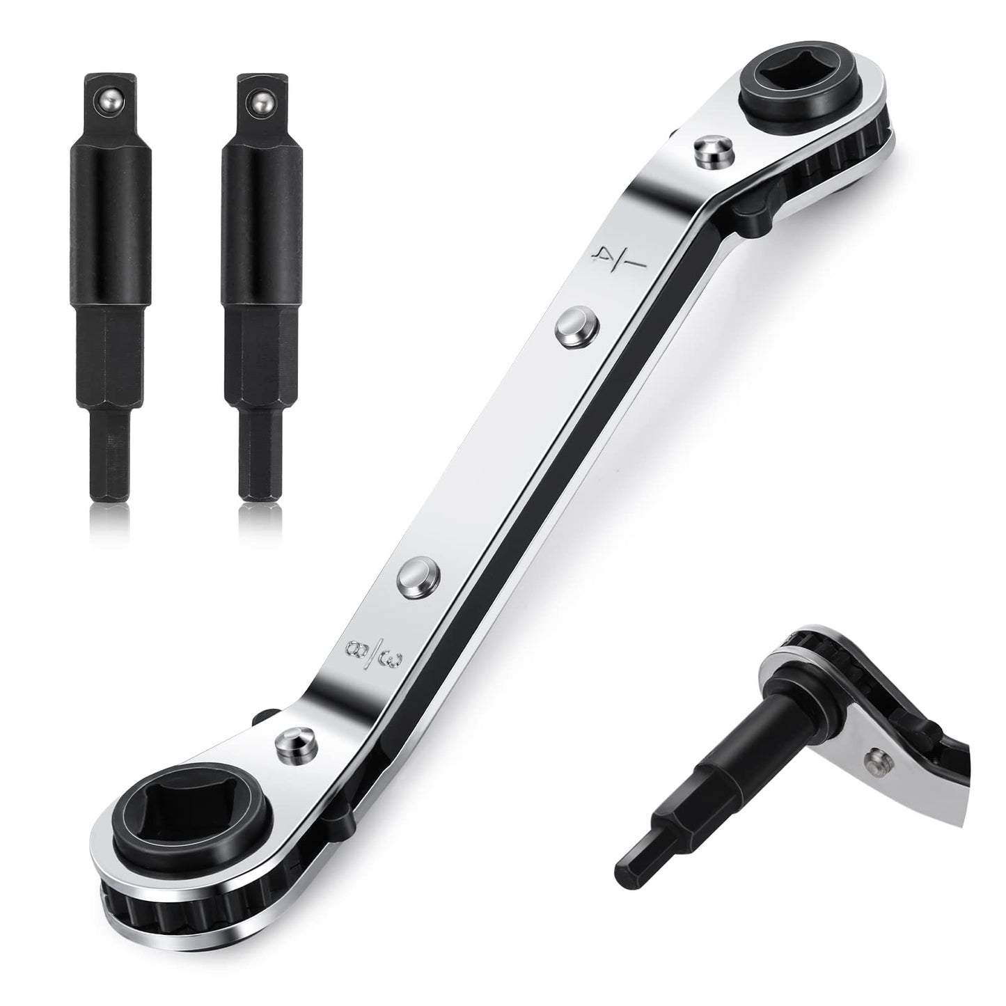 ASTER HVAC Service Wrench Tools Set, Refrigeration Service Wrench 3/8 1/4 5/16'' 3/16'' HVAC Service Wrench with 2Pcs 1/4Hex Bit Adapter, Air Conditioner Ratchet Wrench for HVAC Equipments Repair