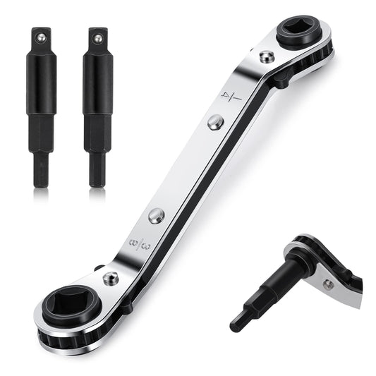ASTER HVAC Service Wrench Tools Set, Refrigeration Service Wrench 3/8” 1/4” 5/16'' 3/16'' HVAC Service Wrench with 2Pcs 1/4”Hex Bit Adapter, Air Conditioner Ratchet Wrench for HVAC Equipments Repair