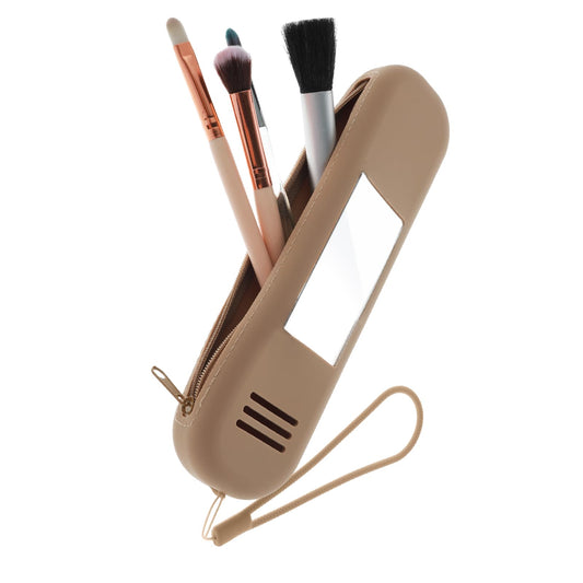 Upgrade Makeup Brush Holder Travel Silicone Makeup Brush Bag Make Up Brush Case with Mirror Makeup Bag Organizer with Zipper Small Makeup Pouch Cosmetic Travel Case for Daily Work(light brown)