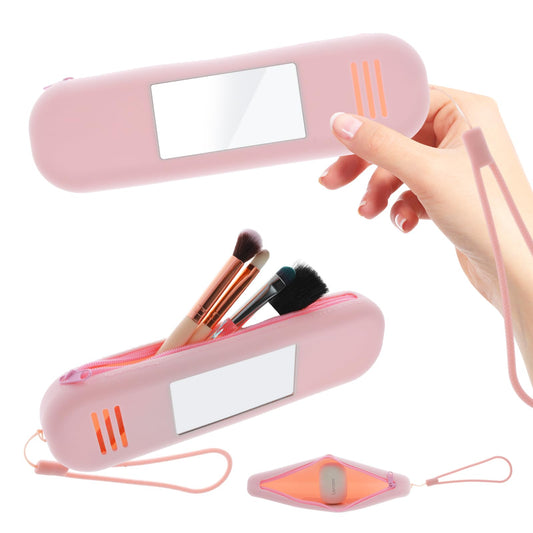 Upgrade Makeup Brush Holder Travel Silicone Makeup Brush Bag Make Up Brush Case with Mirror Makeup Bag Organizer with Zipper Small Makeup Pouch Cosmetic Travel Case for Daily Work, Pink