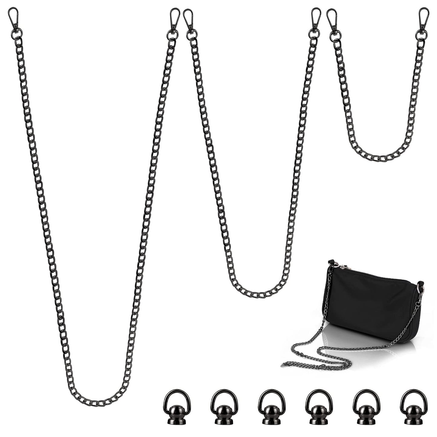 ASTER Black Purse Chain [3 Sizes], 40CM, 80CM, 120CM Flat Metal Replacement Chain and 6 Ball Studs Rivets D Ring, Crossbody Chains Strap with Metal Buckles for DIY Handbags Strap