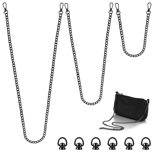 ASTER Black Purse Chain [3 Sizes], 40CM, 80CM, 120CM Flat Metal Replacement Chain and 6 Ball Studs Rivets D Ring, Crossbody Chains Strap with Metal Buckles for DIY Handbags Strap