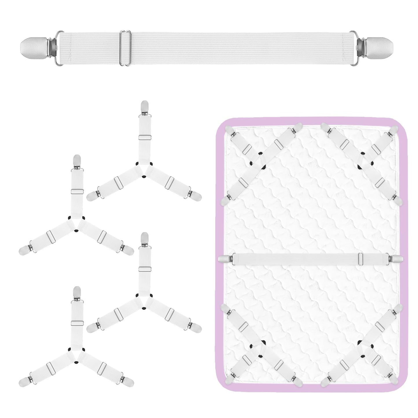 ASTER Bed Sheet Holder Straps, 4+1 Set, 1 Straight Fitted Sheet Straps for the Mattress Middle and 4 Triangle Fitted Bed Sheet Clips for Corners, Adjustable Elastic Bed Sheet Holder Straps