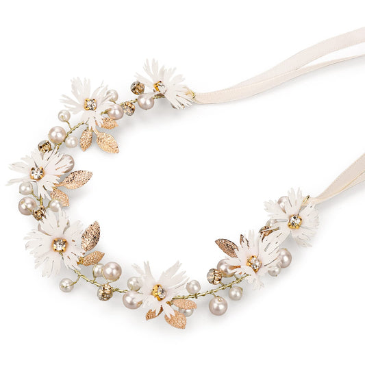 ASTER Faux Pearl Bridal Headband Bridesmaid Flower Hair Bands Tiara Bridal Headpiece with Ribbon Wreath for Girls Women Wedding Party Hair Accessories