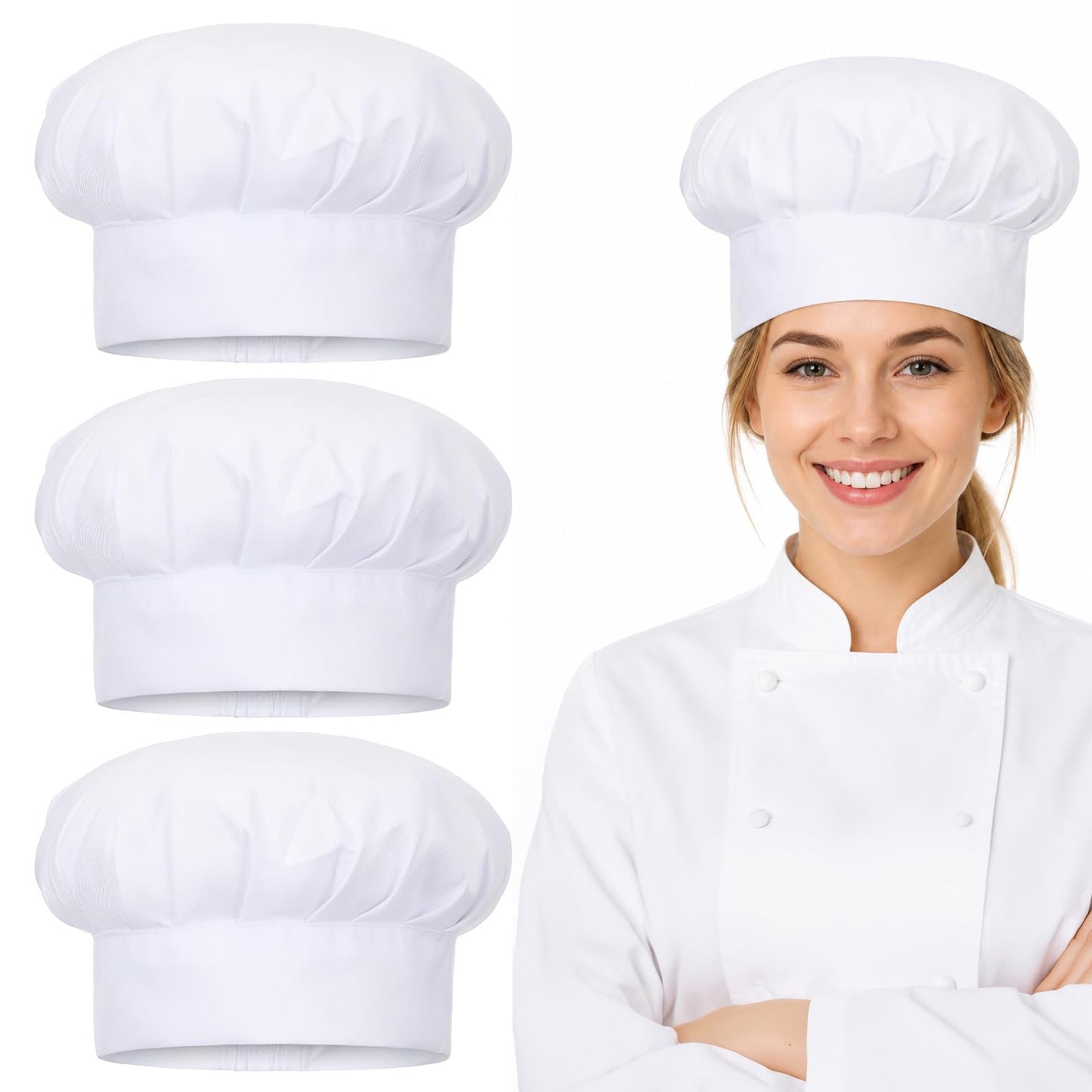 Pack of 3 Unisex Adjustable Cotton Chef's Hat, White Chef Hats