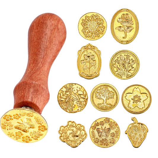 Thinp Wax Seal Stamp Set,10 Pcs Wax Seal Stamp Head with Removable Wooden Handle Wax Seal Kit Sealing Wax Stamp with Various Patterns Vintage Sealing Wax Stamps Set for Wedding Envelopes Invitations
