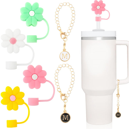 Aster 4Pcs Straw Cover for Stanley Cup 30&40 Oz, 10mm Silicone Flower Straw Topper Protector Lid with 2Pcs Personalized Initial ID/Name Letter Charm Tumblers Accessories for Stanley Cup(Letter M)