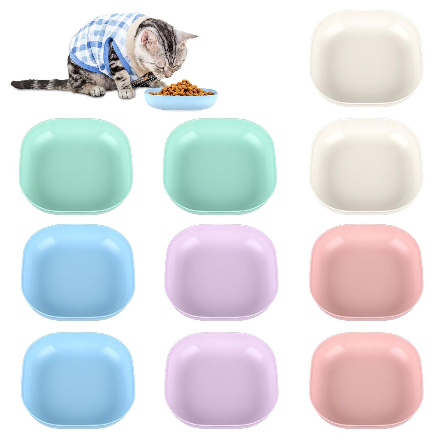 10 Pcs Cat Bowls 5.7 Inch Wide Shallow Cat Food Bowls Whisker Fatigue Cat Dishes Flat Cat Feeding Bowls Cat Plates Water Bowls for Small Cat Kitten Dogs, Square