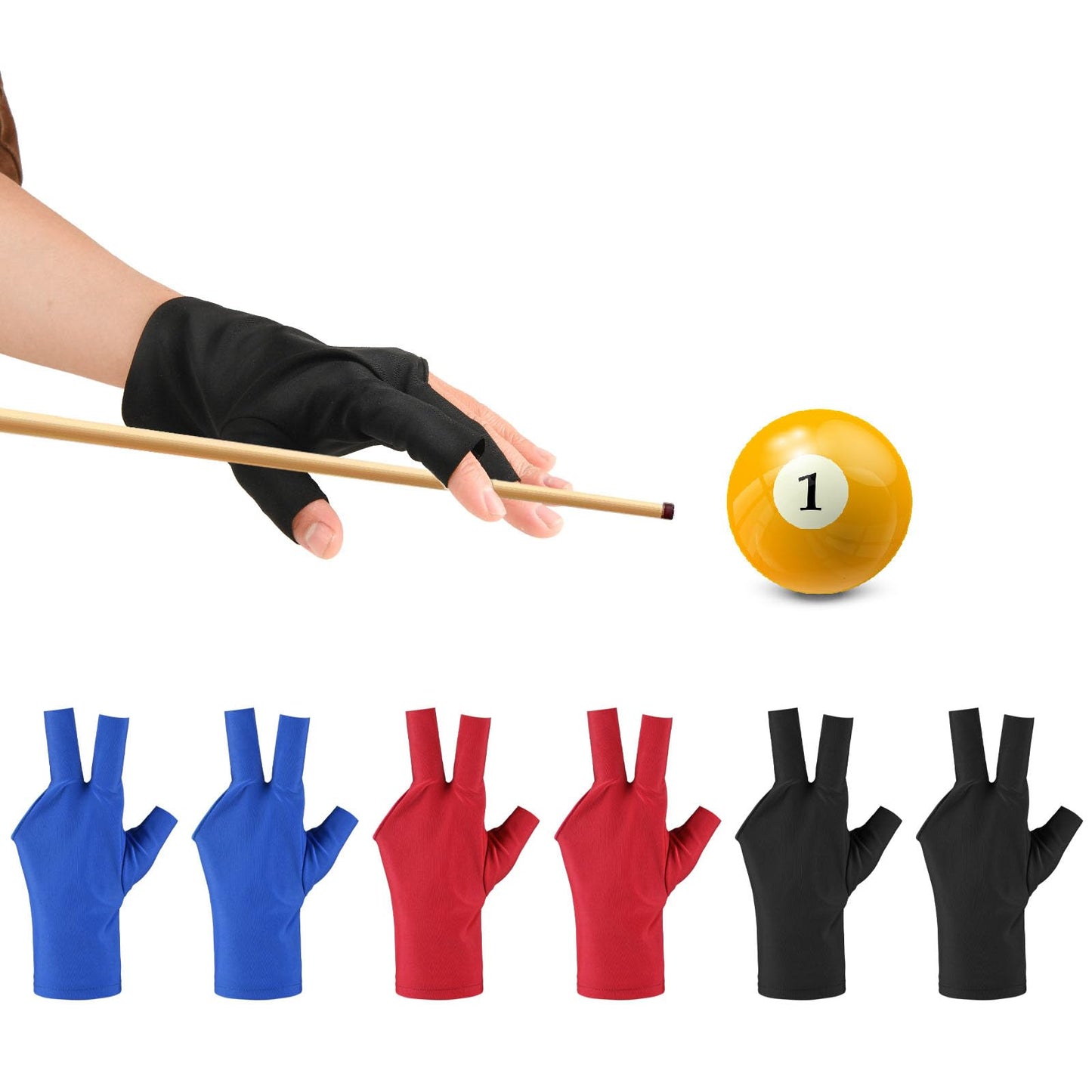 ASTER Pool Glove Left Hand, Pool Glove 6Pcs Billiards Gloves 3 Fingers Pool Gloves Snooker Cue Sport Gloves Show Pool Gloves Popular Sizes For Women And Men Billiard Accessories(Black, Red, Blue)