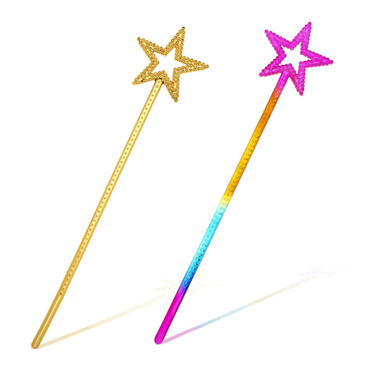 ZEYIYER 2PCS Fairy Star Wand, Glitter Princess Wand, Star Fairy Costume Props Angel Fairy Wands Sticks Angel Magic Wand for Birthday Party Christmas Masquerade Cosplay(gold and color)